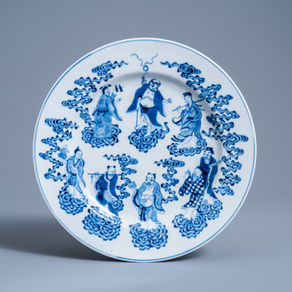 A Chinese blue and white 'Immortals' plate, Xuande mark, 19th C.
