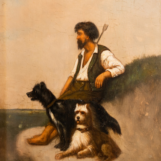 V. Herelma (19th C.): Man in the company of his two dogs by the side of the road, oil on panel