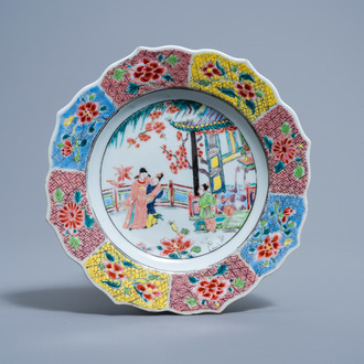 A Chinese lotus-shaped famille rose 'Romance of the Western Chamber' plate, Yongzheng