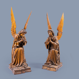 A pair of large carved oak wood Gothic Revival angels, Belgium or France, 19th C.