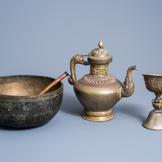A Tibetan copper teapot, a healing bowl and a ritual bowl on foot, 19th/20th C.