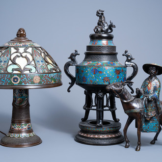 A Japanese champlevé enamel and bronze incense burner, a group with Toba on his mule and a table lamp, Meiji, 19th/20th C.