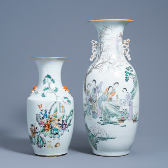 Two Chinese famille rose and qianjiang cai vases with ladies and playing children in a garden, 19th/20th C.