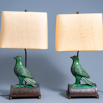 A pair of Chinese bird-shaped roof tiles mounted as lamps, 19th/20th C.