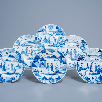Six Chinese blue and white plates with figures in a landscape, Chenghua mark, Kangxi