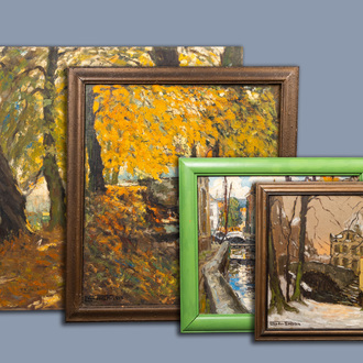 Léo Van der Smissen (1900-1966): Two Bruges cityscapes and two forest landscapes, oil on canvas