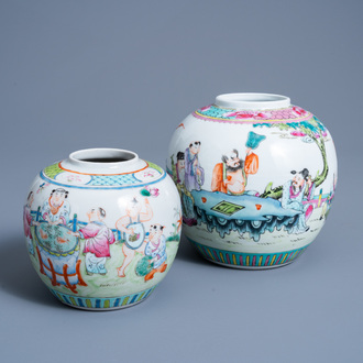 Two Chinese famille rose ginger jars with Immortals and figures in a garden, Republic, 20th C.
