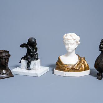 A varied collection of four gilt and patinated bronze and marble sculptures, 19th/20th C.