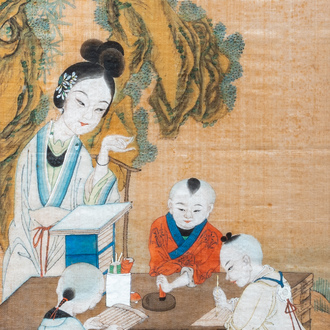 Chinese school: The calligraphy lesson, ink and colours on silk, 19th C.