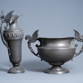 A large French pewter pitcher and a vase with winged dragon handles, Louis Houzeaux, 19th/20th C.