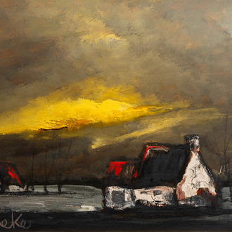 Paul Permeke (1918-1990): Sunglow over a snowy landscape, oil on board