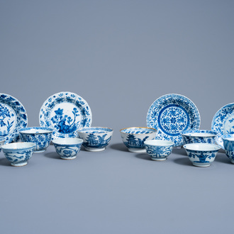Ten Chinese blue and white cups and four saucers, Kangxi and later