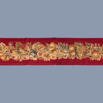 A horizontal embroidery with fruits and flowers, probably Flemish, 17th C.