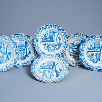 Six Chinese blue and white plates with floral design, Yongzheng