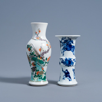 A Chinese famille verte vase and a blue and white 'gu' vase, 19th/20th C.