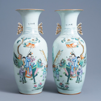 A pair of Chinese famille rose vases with a qilin and figures in a garden, 19th/20th C.