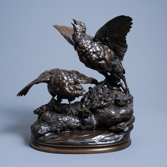 Alfred Barye (1839-1882): Partridges protect their offspring against a snake, brown patinated bronze