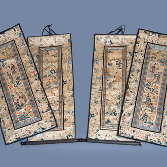 Four Chinese embroidered silk panels with figures in landscapes, 19th/20th C.
