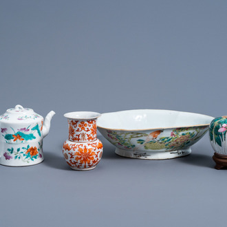 A Chinese famille verte bamboo-shaped teapot and cover, a qianjiang cai bowl, a zhadou and a small jar, 19th/20th C.