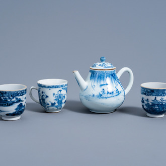 A Chinese blue and white teapot and cover with an animated river landscape and three cups, Yongzheng/Qianlong