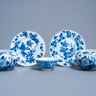 A varied collection of Chinese blue and white porcelain with floral design, Kangxi and 19th C.