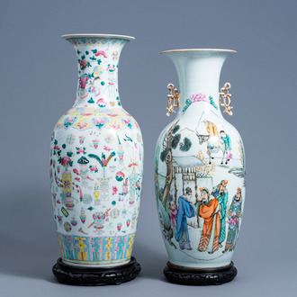Two Chinese famille rose vases with antiquities and figures in a landscape, 19th/20th C.