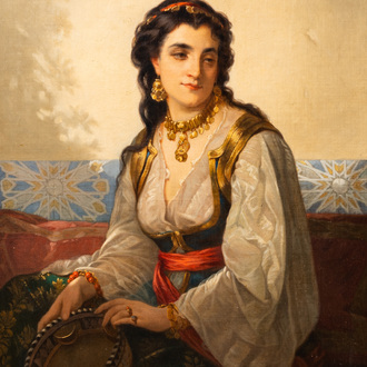 Jacques-Léon Dusautoy (1817-1894): Oriental beauty with tambourine, oil on canvas