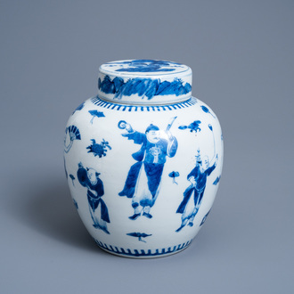 A Chinese blue and white jar and cover with figures at leisure, Kangxi mark, 19th C.