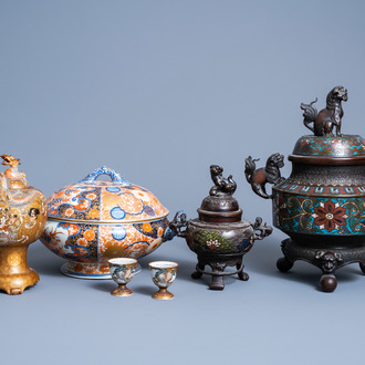 A Japanese Satsuma vase and two egg bowls, an Imari bowl and cover and two champlevé censers, 19th/20th C.
