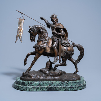 French school: Crusader on horseback, most probably Godfrey of Bouillon, brown patinated bronze on a vert de mer marble base, 19th/20th C.