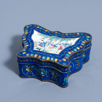 A Chinese Canton enamel 'butterfly' box and cover with fishermen, 19th C.