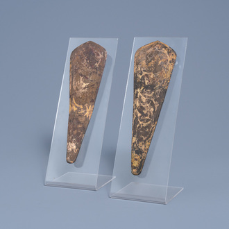 A pair of Chinese gilt bronze chamfrons or forehead protectors for a horse with engraved animal design, Han