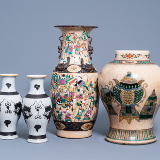 A Chinese Nanking crackle glazed famille rose 'warrior' vase, a famille verte 'antiquities' vase and a pair of 'dragon' vases, 19th/20th C.