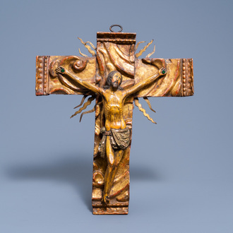 A Mexican colonial school carved and polychrome painted wood crucifix, 17th C.