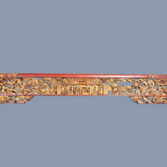A large Chinese Straits or Peranakan market gilt and lacquered wood reticulated panel, 19th C.
