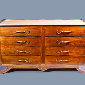 A Belgian wood Art Deco style chest with eight drawers and marble top, 20th C.