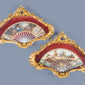Two French finely finished and painted silk fans with a gallant scene and Pomona and Vertumnus, 18th C.