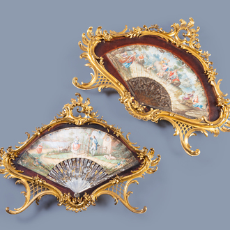 Two finely finished and painted mother-of-pearl, tortoiseshell and silk fans with a gallant scene and the Sleep of Endymion, Italy/France, 18/19th C.