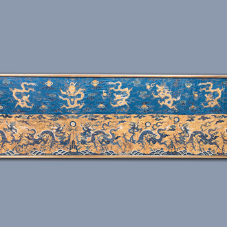 A Chinese rectangular embroidered silk 'dragons chasing the pearls' cloth, 19th C.