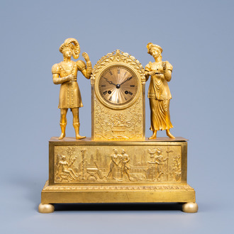 A French gilt bronze 'troubadours' mantel clock, 19th C.