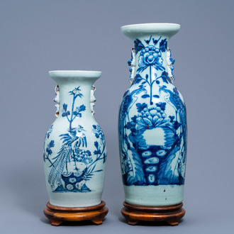 Two Chinese blue and white celadon ground vases with phoenixes among blossoming branches, 19th/20th C.