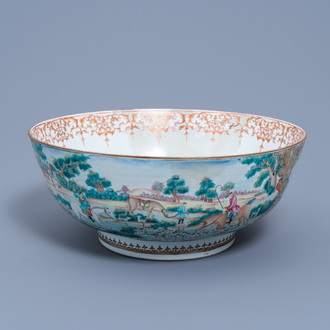 A large Chinese export famille rose 'hunting' bowl, Qianlong