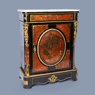 A French Historicism gilt mounted tortoiseshell and brass marquetry Boulle one-door cabinet with marble top, 19th C.