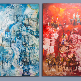 Wei Shen (1966): 'Bronze Era' and 'Tang Outing', oil on canvas, dated 2003