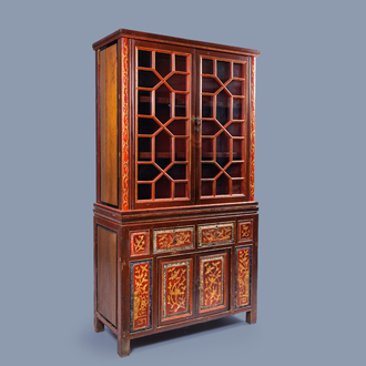 A large Chinese Straits or Peranakan market gilt and lacquered wood cabinet with floral design, 19th C.