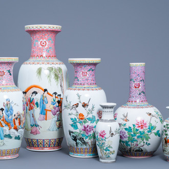 Six various Chinese famille rose vases, 20th C.