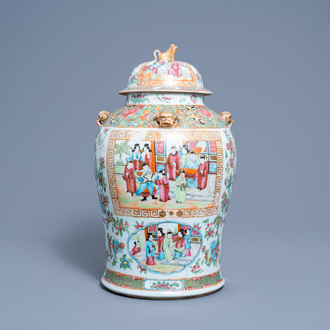 A Chinese Canton famille rose vase and cover with palace scenes, 19th C.