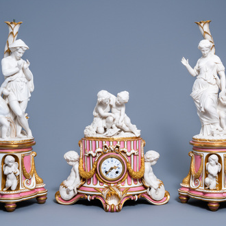 An English Minton gilt and 'Rose Pompadour' porcelain and biscuit three-piece clock garniture with an allegorical representation of spring, 19th C.