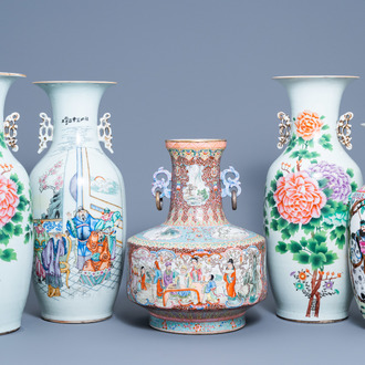 Three various Chinese famille rose vases and a pair of vases with floral design, 19th/20th C.