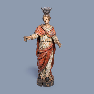 A large Southern European polychrome painted wood figure of Saint Catherine of Alexandria, 18th C.